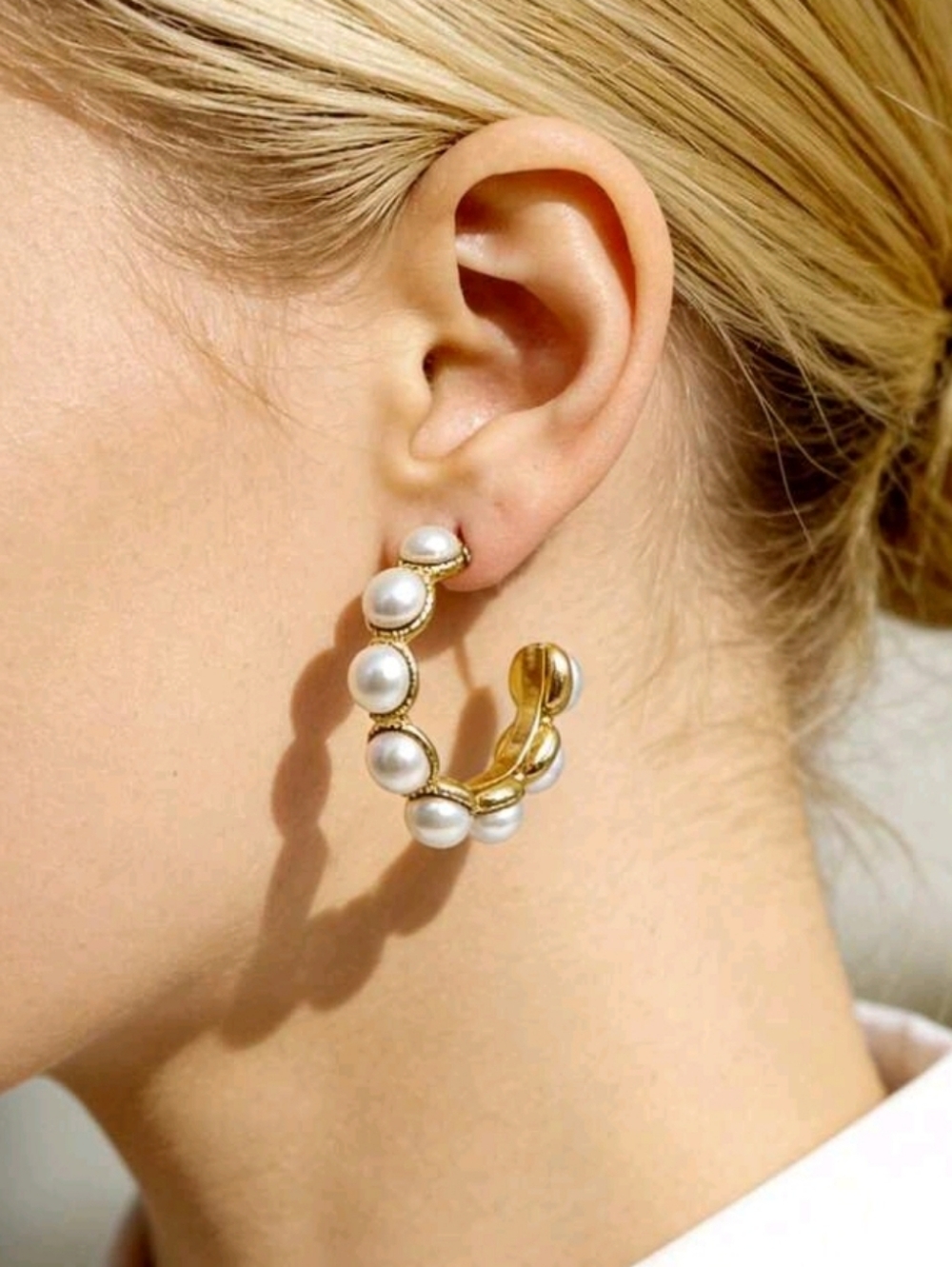 NEW! 18K Gold Plated Classy Stunning Pearl Half Hoop Post Earrings-Women Jewelry